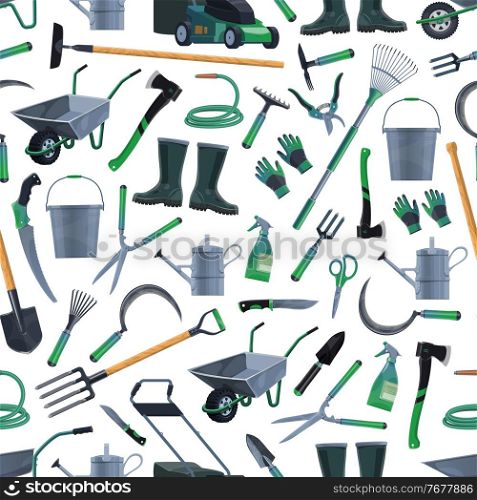 Gardening and farming tools seamless pattern background, vector. Agriculture garden and farm cultivation equipment seamless pattern of rakes and shovel spade, tree secateurs, gardener hoe, lawn mower. Gardening and farming agriculture tools pattern