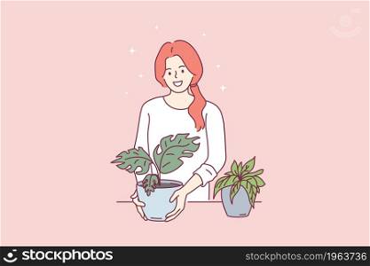 Gardening and house plants concept. Young smiling girl cartoon character standing holding green plants blooming in pots vector illustration . Gardening and house plants concept.