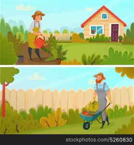 Gardening Banner Set. Two colored horizontal gardening banner set with seedlings and watering flower beds vector illustration