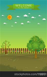 Gardening. Banner with summer garden landscape. tree, flower bushes, wood fence and lawn. Flat style, vector illustration.