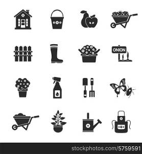 Gardening black icons set with fence rubber boot flower pot insect spray isolated vector illustration. Gardening Black Icons Set