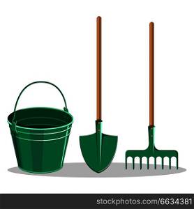 Gardening bucket, green shovel and rake isolated on white vector illustration in flat design. Instruments for working in garden on land. Gardening Bucket, Green Shovel and Rake on White