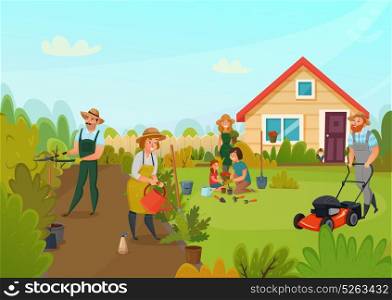 Gardening Cartoon Composition. Gardening colored cartoon composition men and women are busy cleaning the garden vector illustration