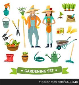 Gardening Cartoon Set. Gardening cartoon set with people harvest and equipment isolated vector illustration