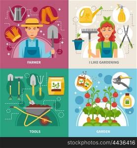 Gardening Concept 4 icons Square Banner. Farmers gardening tools plants and accessories concept 4 flat icons square composition banner abstract isolated vector illustration