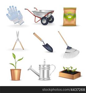 Gardening Decorative Icons Set . Gardening realistic decorative icons set of tools for work in garden seedling gloves and package with fertilizer vector illustration