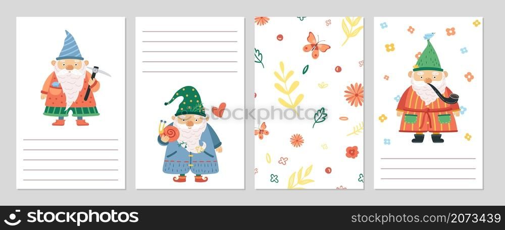Gardening dwarfs. Gnomes cards, spring summer floral background. Cute men with beard and garden tools vector set. Illustration gnome garden, festive greeting page for notes. Gardening dwarfs. Gnomes cards, spring summer floral background. Cute men with beard and garden tools vector set