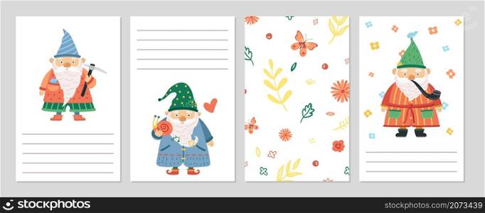 Gardening dwarfs. Gnomes cards, spring summer floral background. Cute men with beard and garden tools vector set. Illustration gnome garden, festive greeting page for notes. Gardening dwarfs. Gnomes cards, spring summer floral background. Cute men with beard and garden tools vector set