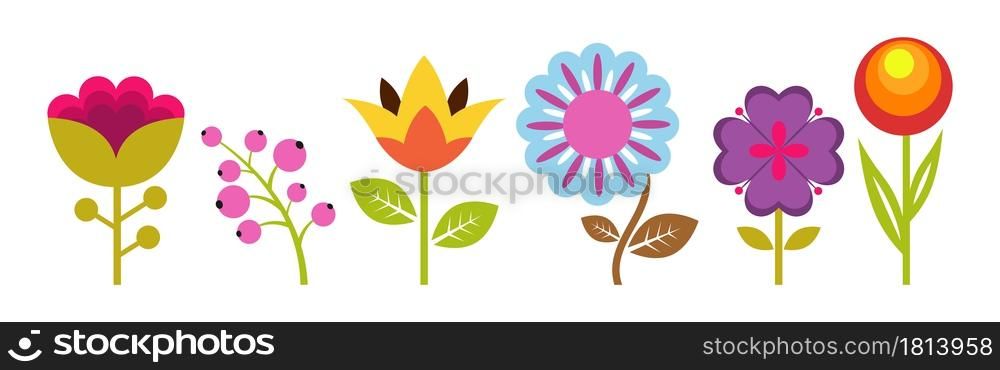 Gardening elements. Flat flowers, spring floral elements. Isolated colorful nature icons, blooming plants vector set. Illustration spring floral plant, flower garden blossom. Gardening elements. Flat flowers, spring floral elements. Isolated colorful nature icons, blooming plants vector set