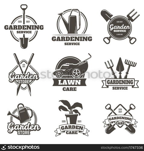 Gardening emblems. Vintage gardening, lawn care, groundwork and landscaping badges. Garden work labels isolated vector illustration set. Gardening service, company logo collection. Gardening emblems. Vintage gardening, lawn care, groundwork and landscaping badges. Garden work labels isolated vector illustration set