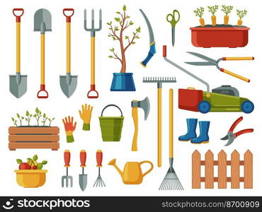 Gardening equipment. Abstract cartoon garden tools with pitchfork spade watering can trowel gloves shovel rake, agriculture farming symbols. Vector set. Growing trees, vegetables and fruit. Gardening equipment. Abstract cartoon garden tools with pitchfork spade watering can trowel gloves shovel rake, agriculture farming symbols. Vector set