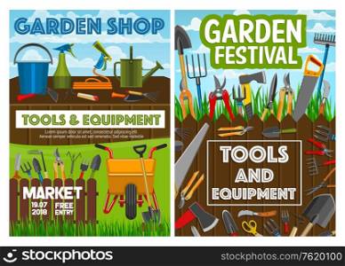 Gardening equipment, farmer planting tools and garden shop posters. Vector farming agriculture rakes, tree secateurs or farmer and gardener spade, watering can and agronomy inventory. Gardening tools, agriculture farming equipment