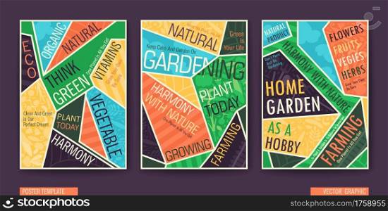 Gardening, Farming, Agriculture and Healthy Lifestyle Posters Set. A4 booklet template with typography composition. Vector illustrations. Gardening, Farming, Agriculture and Healthy Lifestyle Posters Set. A4 booklet template with typography composition. Vector banners