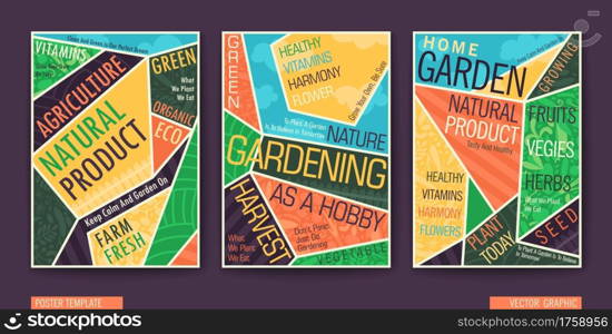 Gardening, Farming, Agriculture and Healthy Lifestyle Posters Set. A4 booklet template with typography composition. Vector illustrations . Gardening, Farming, Agriculture and Healthy Lifestyle Posters Set. A4 booklet template with typography composition. Vector banners