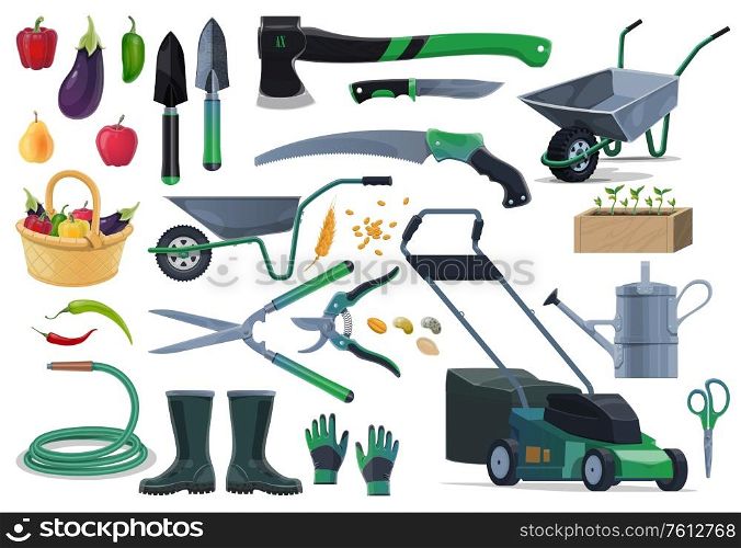 Gardening, farming equipment and tools, vector objects. Farmer and gardener shovel and ax, seeds, wheelbarrow, saw and lawn mower. Fruits and vegetable harvest, watering can, seedlings and hacksaw. Gardening, farming equipment ant tools