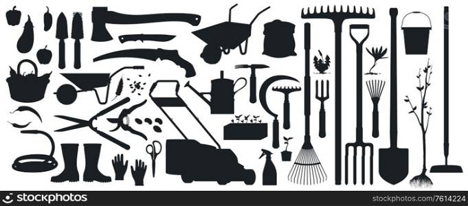 Gardening, farming tools, instruments and equipment isolated vector black silhouettes. Farmer and gardener shovel, ax, knife and wheelbarrow, saw. Fruits and vegetable harvest, seeds and sprouts set. Gardening, farming tools, instruments silhouettes