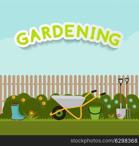 Gardening Flat Background Vector Illustration. Garden Tools, Tree, Fence and Bush on Natural Background. Illustration in Modern Flat Style. EPS10. Gardening Flat Background Vector Illustration. Garden Tools, Tre