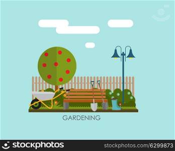 Gardening Flat Background Vector Illustration. Garden Tools, Tree, Fence and Bush on Natural Background. Illustration in Modern Flat Style. EPS10. Gardening Flat Background Vector Illustration. Garden Tools, Tre