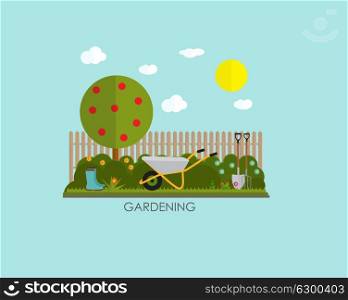 Gardening Flat Background Vector Illustration. Garden Tools, Tree, Fence and Bush on Natural Background. Illustration in Modern Flat Style. EPS10. Gardening Flat Background Vector Illustration. Garden Tools, Tre