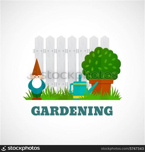 Gardening flat poster with dwarf fence and water pot on the lawn vector illustration