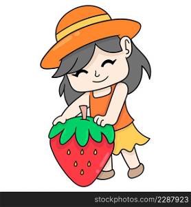 gardening girl harvesting giant strawberries