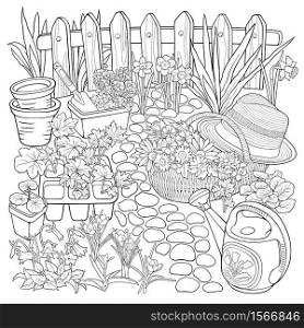 Gardening hand drawn vector doodles illustration. Garden elements and objects cartoon background. Line art funny picture. Gardening hand drawn vector doodles illustration