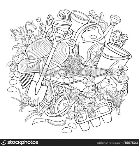 Gardening hand drawn vector doodles illustration. Garden elements and objects cartoon background. Line art funny picture. Gardening hand drawn vector doodles illustration