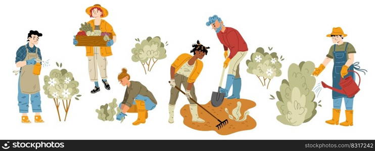 Gardening hobby, farm works set. Characters working in garden. Men and women harvesting, planting and caring of plants, raking ground, watering and fertilize flowers, Line art flat vector illustration. Characters work in summer garden set, gardening