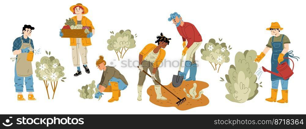 Gardening hobby, farm works set. Characters working in garden. Men and women harvesting, planting and caring of plants, raking ground, watering and fertilize flowers, Line art flat vector illustration. Characters work in summer garden set, gardening