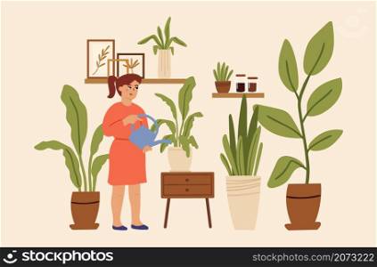 Gardening hobby. Girl at home greenhouse, little toddler care about plants in pot. Little character with watering can vector illustration. Greenhouse hobby, gardening botanical. Gardening hobby. Girl at home greenhouse, little toddler care about plants in pot. Little character with watering can vector illustration