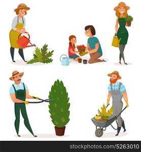 Gardening Hobby Icon Set. Colored gardening hobby icon set men women and children work in the garden vector illustration