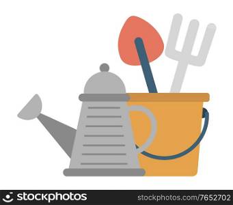Gardening hobby vector, isolated watering can and bucket with spatula and rakes, mini shovel for ground digging. Instruments and tools flat style. Gardening Tools, Watering Can with Instruments