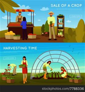 Gardening horizontal banners on blue sky background with sale of crop and harvesting time isolated vector illustration . Gardening Horizontal Banners