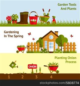 Gardening horizontal banners set with planting process plants and tools isolated vector illustration. Gardening Banners Set