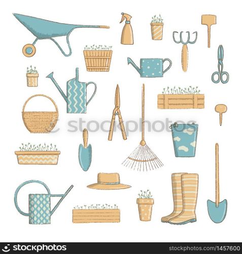 gardening icon set. Collection of useful horticulture tools spade, hat etc. cartoon vintage style, vector illustration. For prints, food design, health style hobby menu, labels, tag. gardening icon set. Collection of useful horticulture tools spade, hat etc. cartoon vintage style, vector illustration.