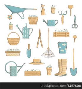 gardening icon set. Collection of useful horticulture tools spade, hat etc. cartoon vintage style, vector illustration. For prints, food design, health style hobby menu, labels, tag. gardening icon set. Collection of useful horticulture tools spade, hat etc. cartoon vintage style, vector illustration.