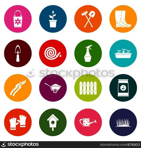 Gardening icons many colors set isolated on white for digital marketing. Gardening icons many colors set