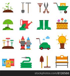 Gardening icons set. Gardening flat icons set with seedling tools and plants isolated vector illustration