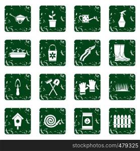 Gardening icons set in grunge style green isolated vector illustration. Gardening icons set grunge