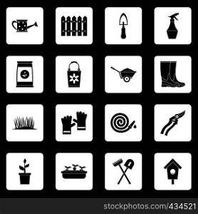 Gardening icons set in white squares on black background simple style vector illustration. Gardening icons set squares vector
