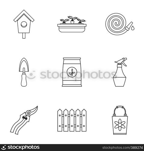 Gardening icons set. Outline illustration of 9 gardening vector icons for web. Gardening icons set, outline style