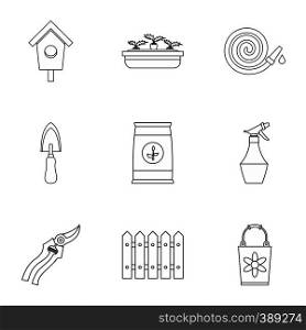 Gardening icons set. Outline illustration of 9 gardening vector icons for web. Gardening icons set, outline style