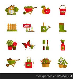 Gardening icons set with farm house wheelbarrow fruit harvest and water pot isolated vector illustration. Gardening Icons Set