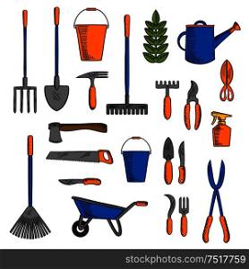 Gardening instruments for loosening the earth, pruning and watering plants sketch icons with shovel, rakes and spading fork, axe and saw, trowel and forks, pruning knives and shears, wheelbarrow and buckets, watering can and sprayer. Various of gardening tools and equipments symbols