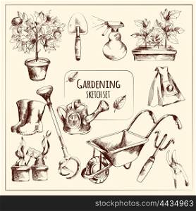 Gardening instruments sketch set with seeds flowerpot fork isolated vector illustration. Gardening Sketch Set