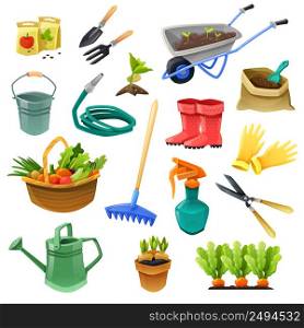 Gardening isolated color icons with handcart hose for watering rubber boots bag of fertilizer and basket with vegetables vector illustration . Gardening Decorative Color Icons