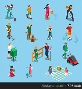 Gardening Isometric Icons . Gardening isometric icons set with people working in garden and relaxing in nature isolated on blue background vector illustration