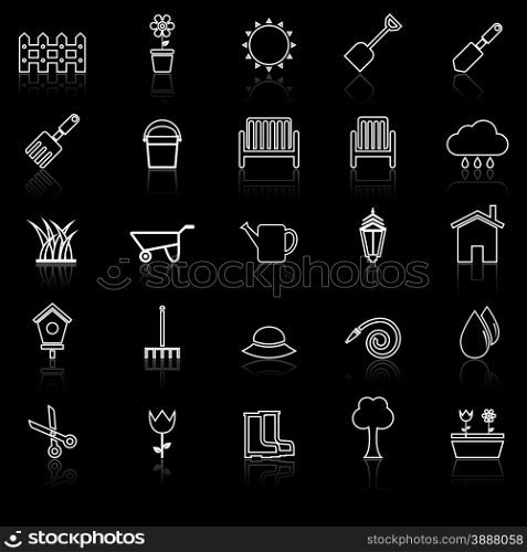 Gardening line icons with reflcet on black, stock vector
