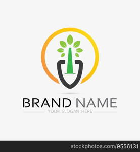 Gardening logo with shovel icon and tree with green leaves logo template.