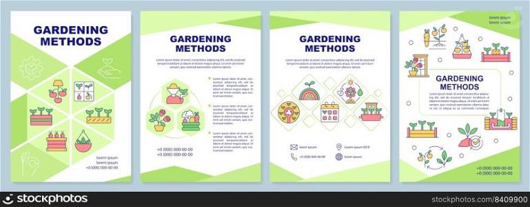 Gardening methods green brochure template. Planting innovation. Leaflet design with linear icons. Editable 4 vector layouts for presentation, annual reports. Arial-Black, Myriad Pro-Regular fonts used. Gardening methods green brochure template